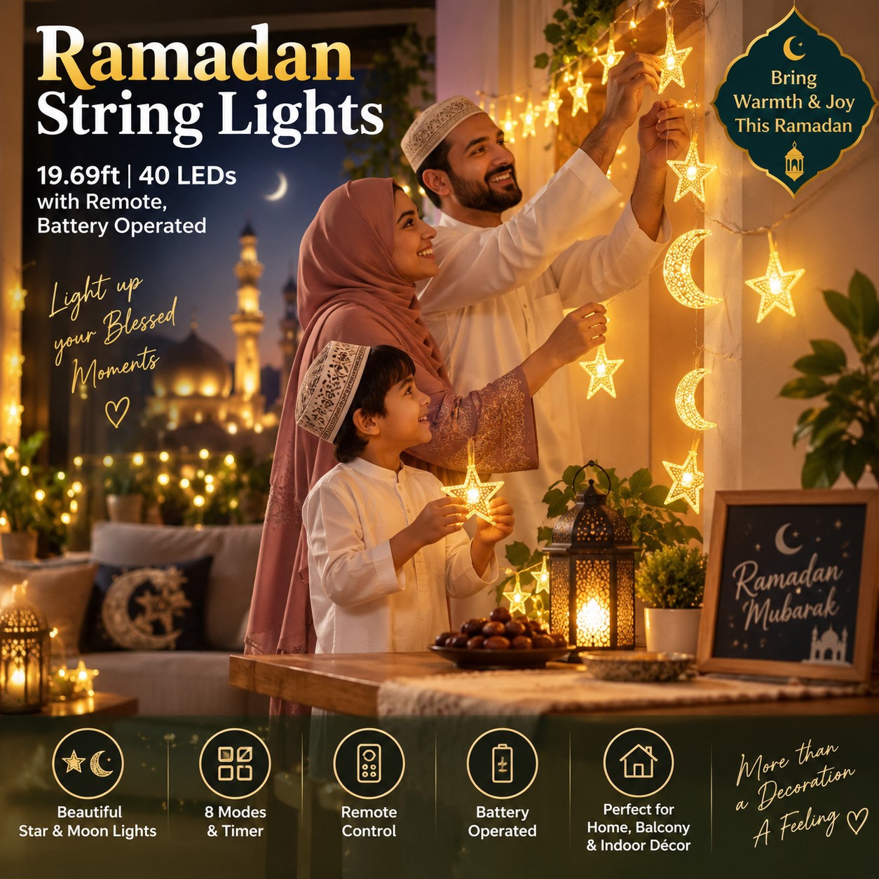 Ramadan Star & Moon LED String Lights 19.69FT, 40 LED, Battery Operated