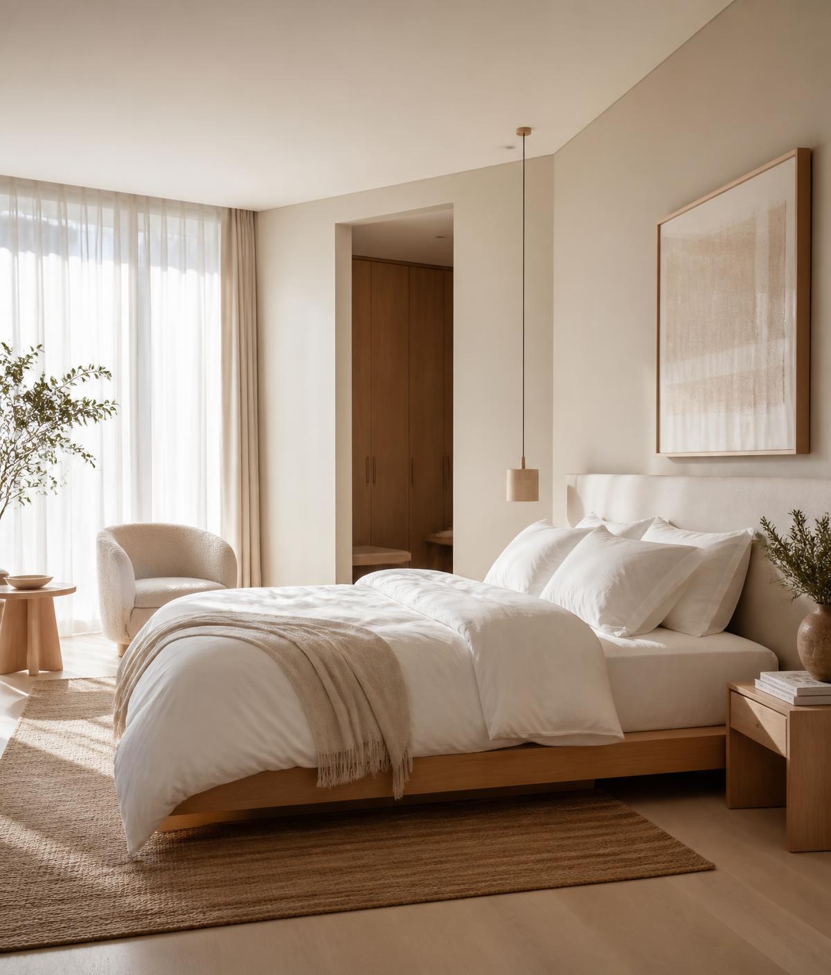 Sunlit bedroom styled with premium bedding